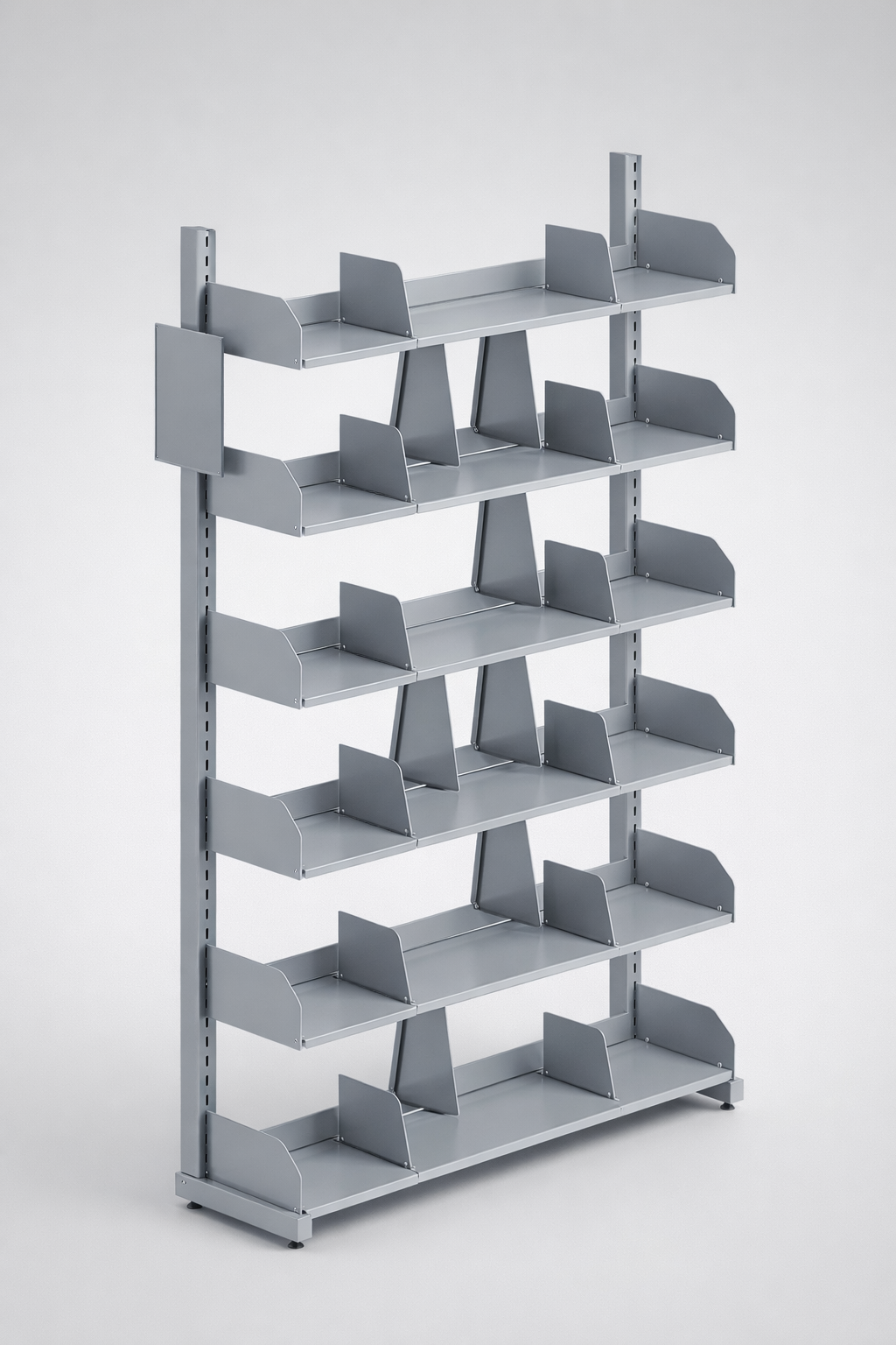 RMB library shelving — A family of single-sided and double-sided library shelving units for libraries, reading rooms, media centres and education spaces that need durable steel construction and a clear shelf structure.