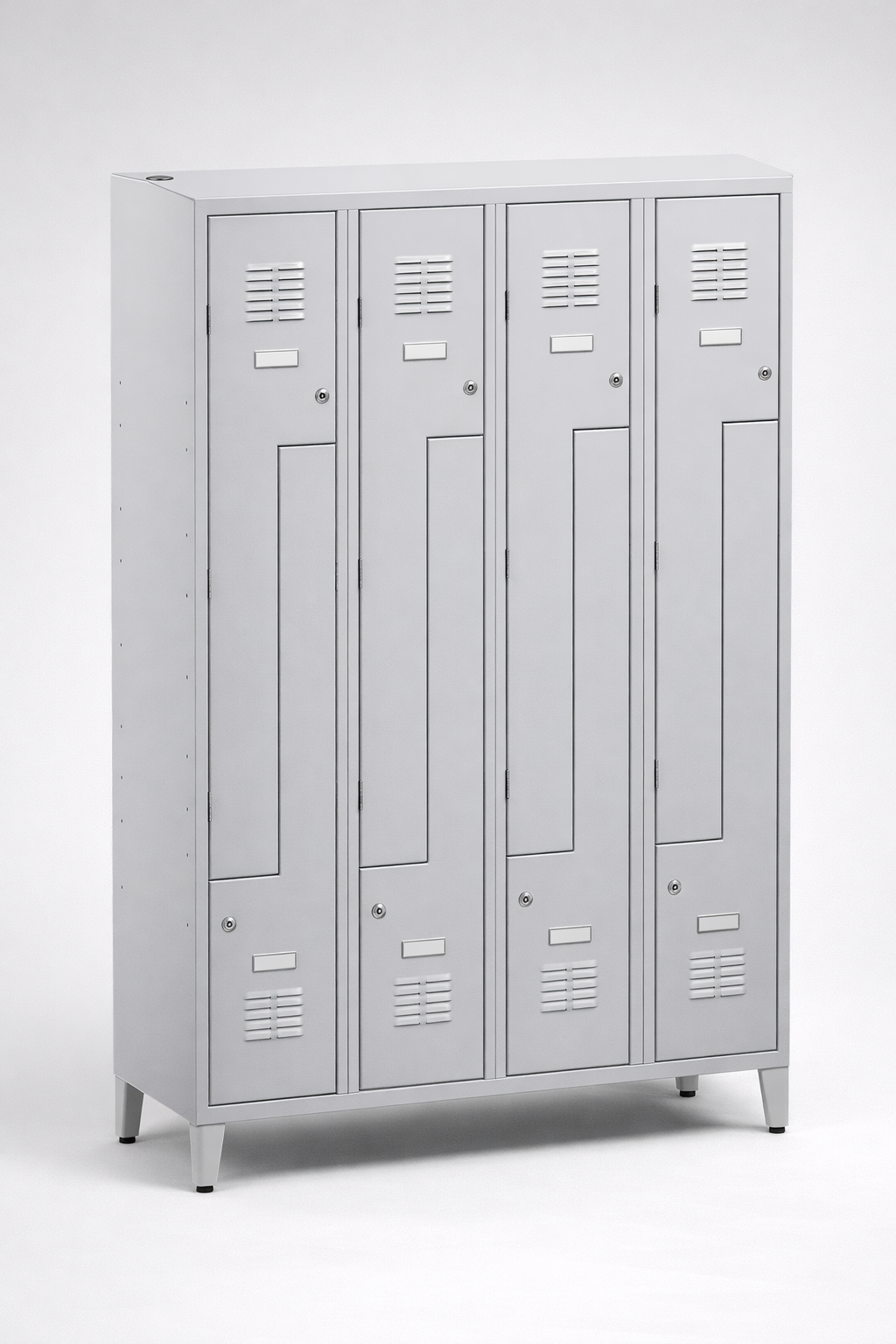 L-shaped staff locker Sul 34 W lx – with legs - efficient use of changing-room space while keeping